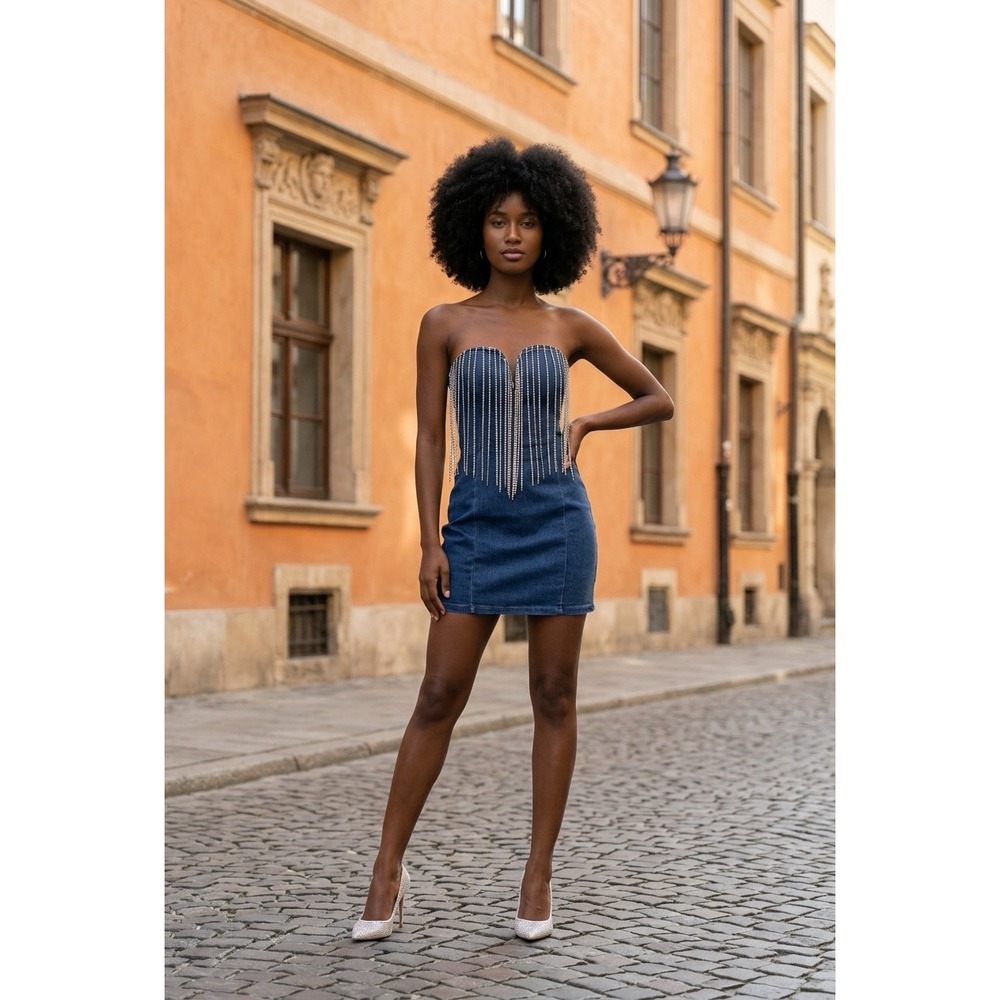 Haute Monde Blue‎ Denim Rhinestone Fringe Strapless Mini Dress Sz M Sweetheart V